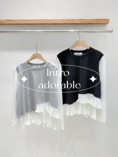韩国东大门2026春季新品INTRO时尚百搭圆领拼接长袖花边T恤女