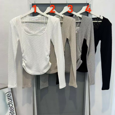 韩国东大门2026春季新款BILLION-L花边圆邻长袖T恤