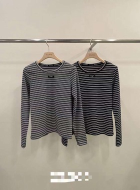 现韩国东大门2025冬季新品remaking时尚百搭圆领条纹T恤打底衫