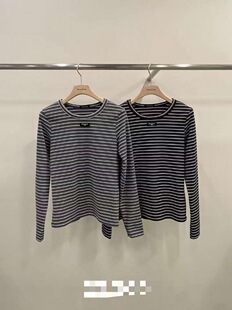 现韩国东大门2025冬季新品remaking时尚百搭圆领条纹T恤打底衫