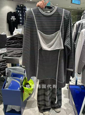 韩国东大门2026春季新品hertz-p时尚设计感条纹撞色假两件套头T恤