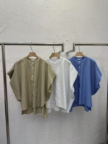 韩国东大门2026夏季新款DAYLOG 时尚百搭立领飞飞袖坚条纹衬衫