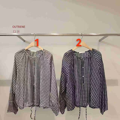 韩国东大门2026春夏新品OUTRENE女装休闲荷叶边格纹扣子长袖衬衫
