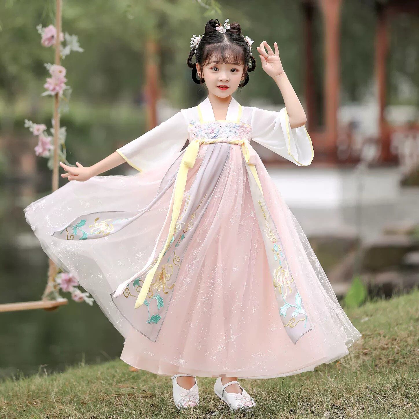 夏天汉服儿童表演服新中式裙子女粉色新款超仙襦裙飘逸古风连衣裙