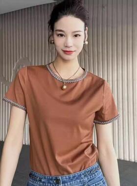 阿玛施商场同款正品2026春夏新款小香风花边圆领短袖T恤女530054