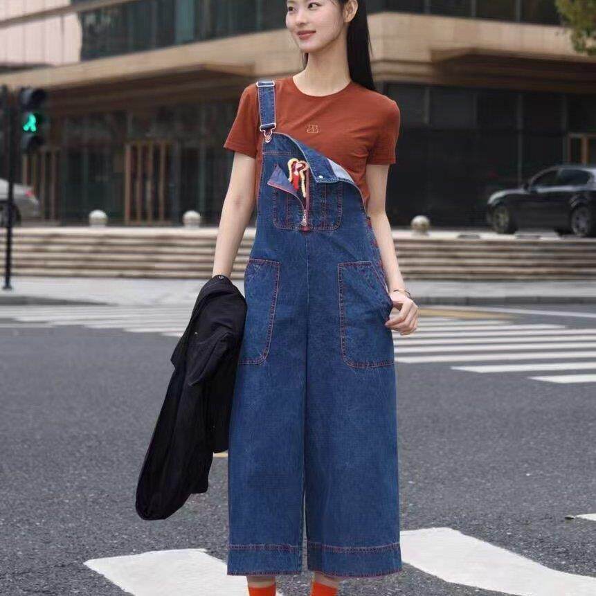 阿玛施女装正品2026夏装新款卡通减龄休闲直筒背带牛仔裤女510016