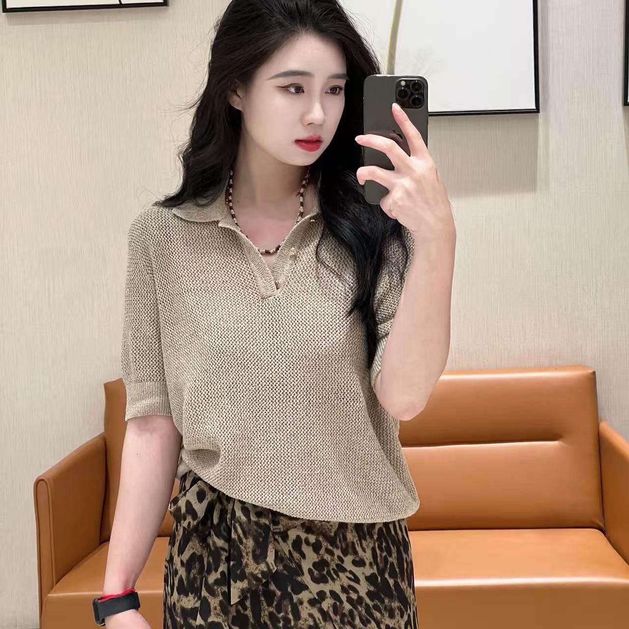 阿玛施女装正品2026夏装新款翻领针织衫女高级感短袖T恤女538140