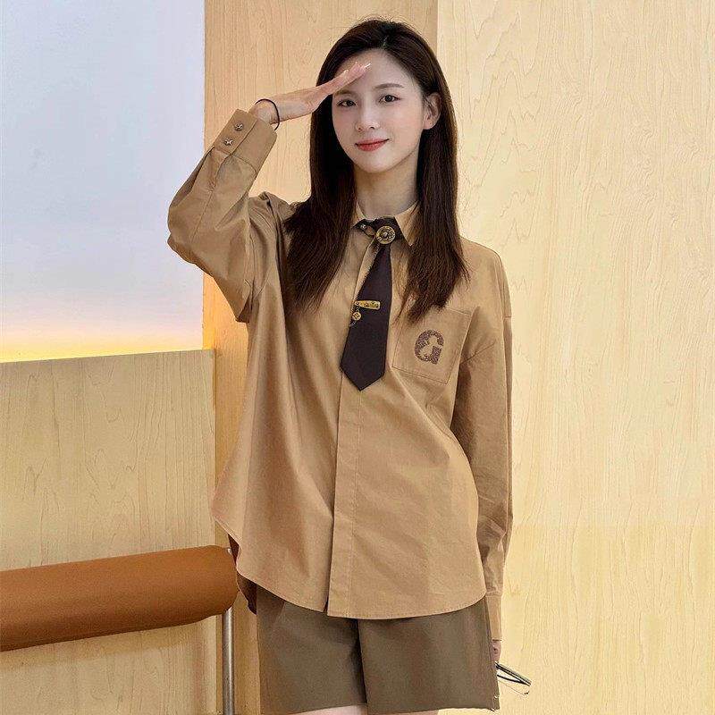 阿玛施女装正品2026春新款烫钻字母休闲宽松长袖衬衫上衣1300989
