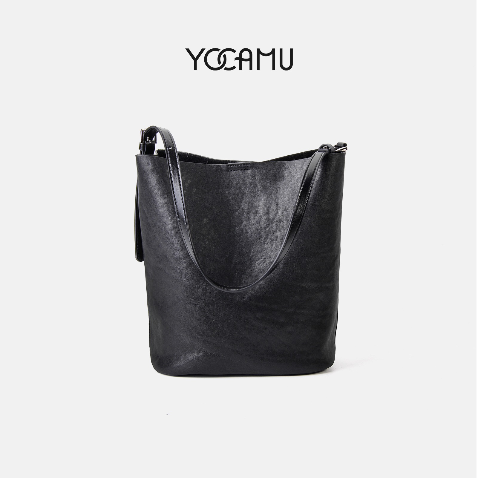 YOCAMU慵懶水桶包女真皮腋下單肩包復(fù)古通勤包頭層植鞣牛皮包包