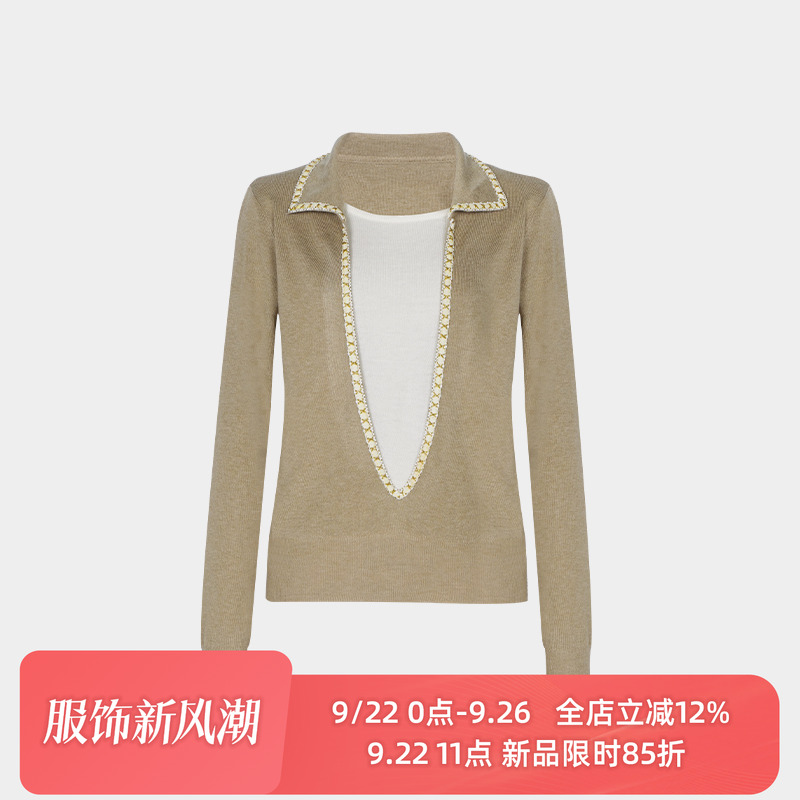 superr 9/22 11点上新 深V金花边撞白色针织长袖假两件秋季上衣女