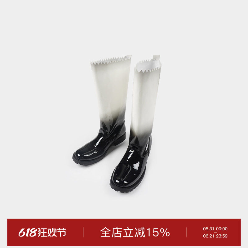 superr 黑白渐变黑灰豹纹超纤漆皮圆头高筒靴女