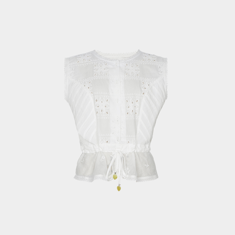 复古重工蕾丝拼接抽绳马甲短开衫