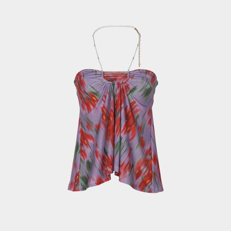 针织迷幻印花珍珠挂脖抹胸上衣