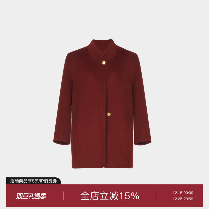 100%绵羊毛毛呢大衣宽松红色外套