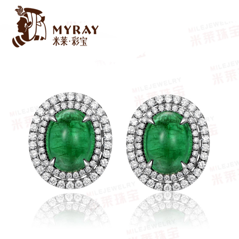 米莱珠宝4.64克拉天然祖母绿耳钉18K金钻石耳环贵重彩色宝石定制
