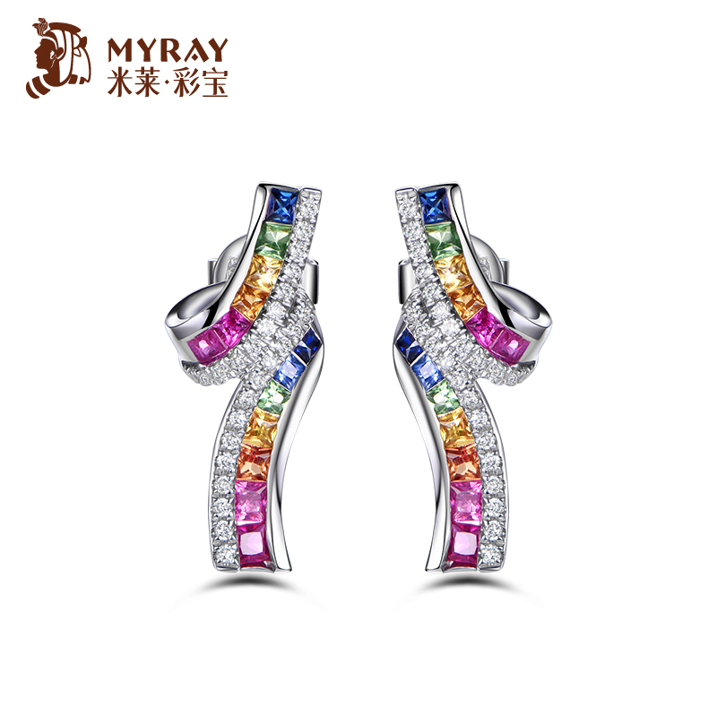 米莱彩宝 彩虹 天然红蓝宝石耳钉 沙弗莱耳环 女 18K金钻石耳钉
