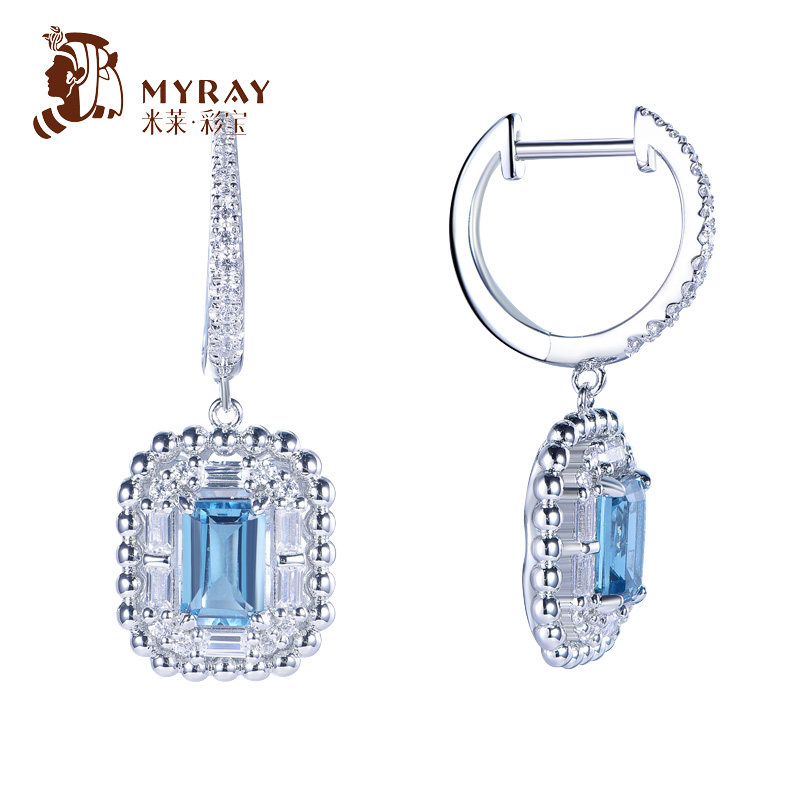 米莱珠宝 1.6克拉天然彩宝托帕石耳坠18K金首饰耳环钻石耳饰礼物