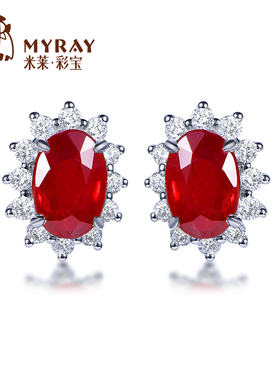 米莱珠宝天然1.208克拉红宝石耳钉女18k金钻石镶嵌耳环定制