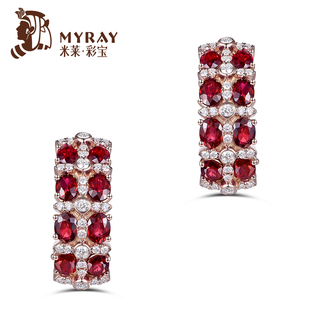 正品 米莱珠宝 女 18K金天然钻石耳环 3.35克拉鸽血红宝石耳钉