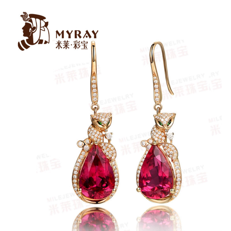 米莱珠宝 狐狸 10.37克拉鸽血红碧玺耳钉 18K玫瑰金钻石耳环定制