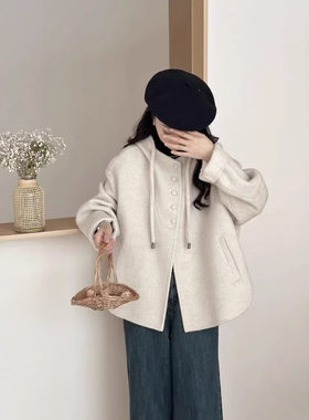 纯色抽绳连帽单排多扣落肩袖双面羊毛大衣毛呢外套女保暖秋冬