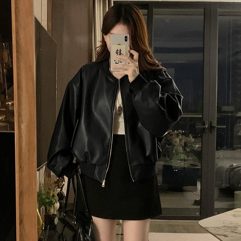 实拍美拉德皮衣外套女春季2026新款棒球服设计感机车短款黑色夹克