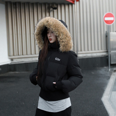 2025冬季显瘦短款毛领连帽羽绒服收腰显瘦高级感大毛领棉服外套