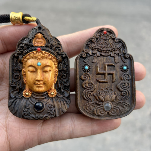 沉香木雕刻镶嵌度母观音菩萨牌挂件吊坠项链投影佛牌挂件六字真言