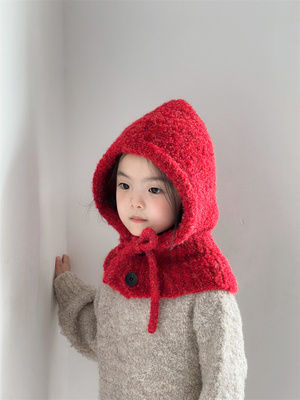 儿童帽子秋冬季女童毛线帽围巾宝宝围脖一体男童护耳女孩针织连帽