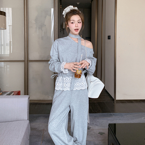 设计感露肩拼接蕾丝卫衣女2025春季新款显瘦运动休闲裤图片