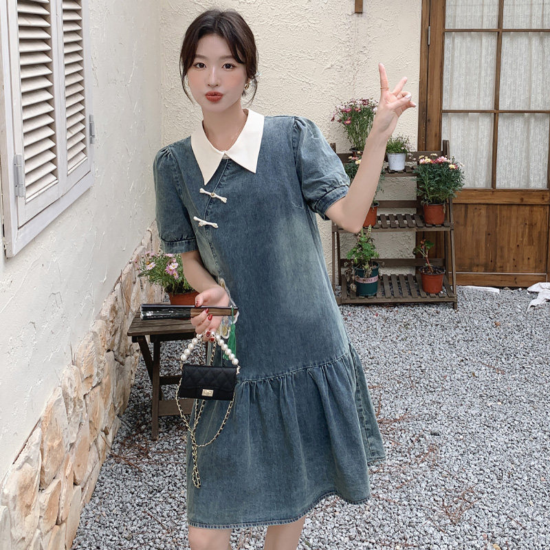 独特绝美泡泡袖polo领牛仔连衣裙女夏新款超好看高级松弛感鱼尾裙,女装连衣裙,浙宝212A
