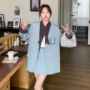 超好看撞色拼接西装套装裙女2025春季新款高级感气质半身裙两件套图片
