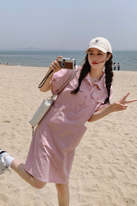 学院风甜美小个子衬衫领休闲连衣裙2025夏季新款Polo宽松显瘦抽绳图片