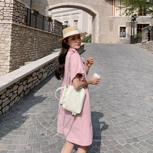 学院风甜美小个子衬衫领休闲连衣裙2025夏季新款Polo宽松显瘦抽绳图片