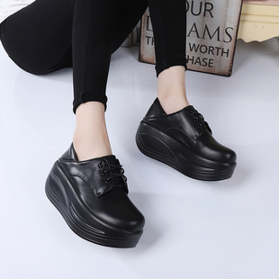 2025春季松糕厚底鞋子新款百搭黑色坡跟绑带单鞋增高欧洲站皮鞋女