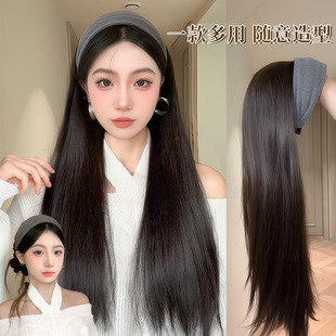 全头套高颅顶可拆卸假发发片灰色宽发箍假发一体秋冬氛围长直发