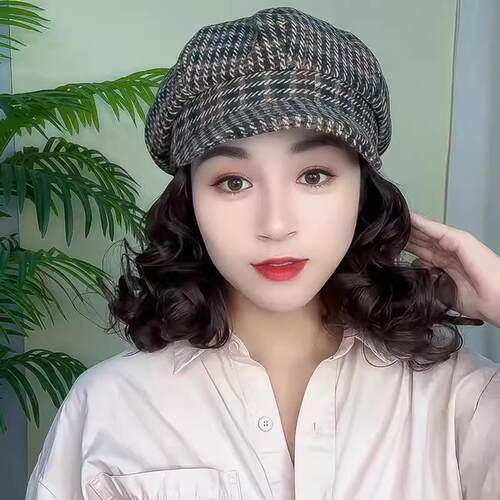 假发帽子女秋冬加厚千鸟八角帽
