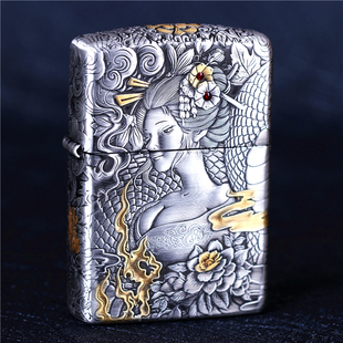 zippo芝宝煤油防风打火机千语盔甲机环绕雕刻蛇女熏银蟒蛇精 女娲