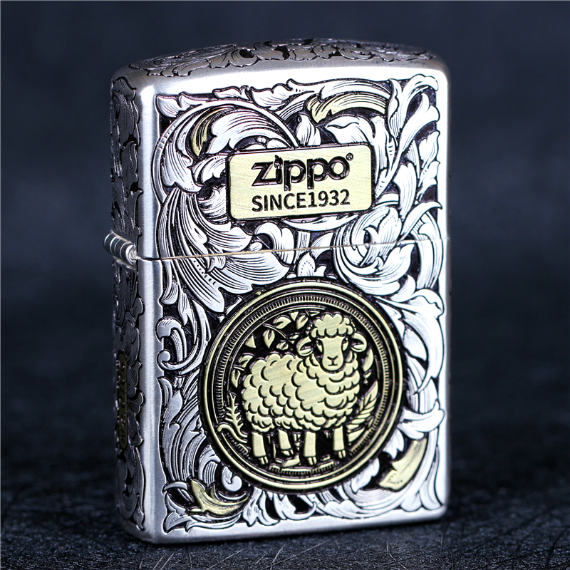 zippo芝宝煤油防风打火机 错金银五面雕刻盔甲机唐草 生肖羊 男士