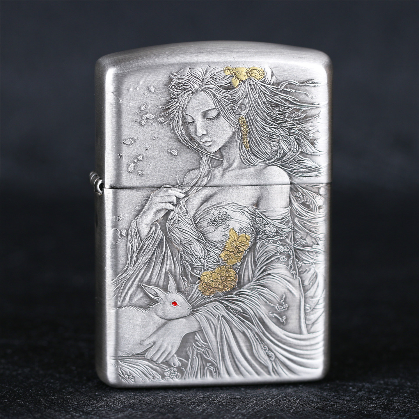 zippo芝宝煤油防风打火机镀银做旧盔甲机浮雕刻嫦娥玉兔 男士礼物
