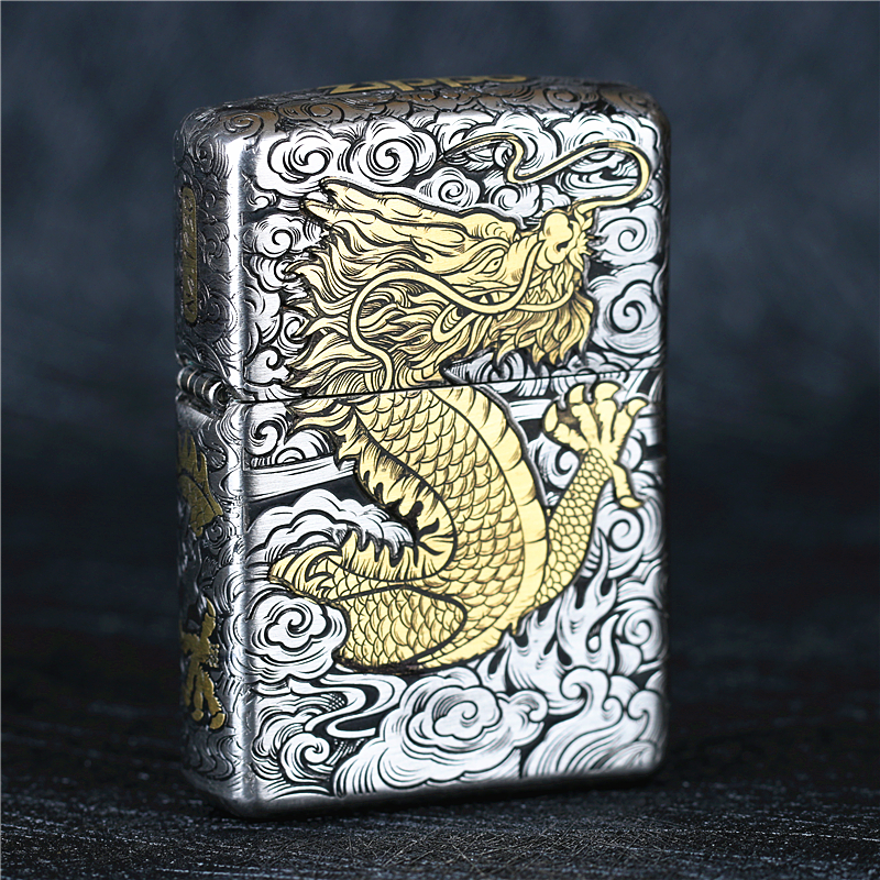 zippo芝宝煤油防风打火机 错金银五面雕刻 金龙钢套铠甲机 限量版