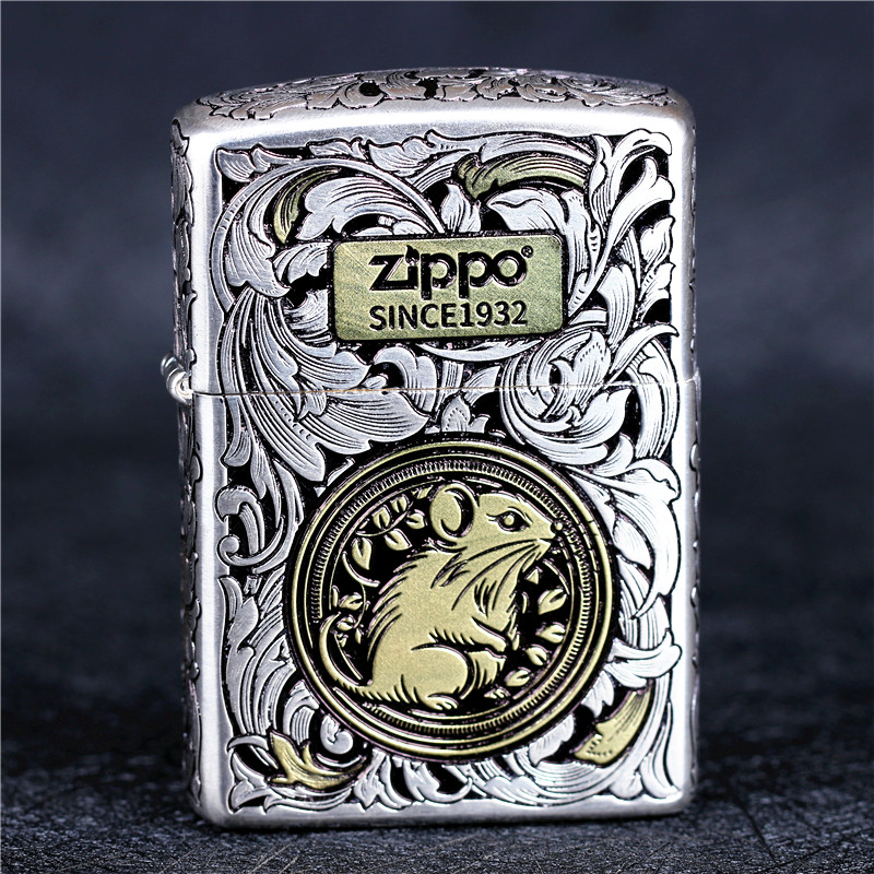 zippo芝宝煤油防风打火机错金银五面雕刻盔甲机唐草生肖鼠 限量版