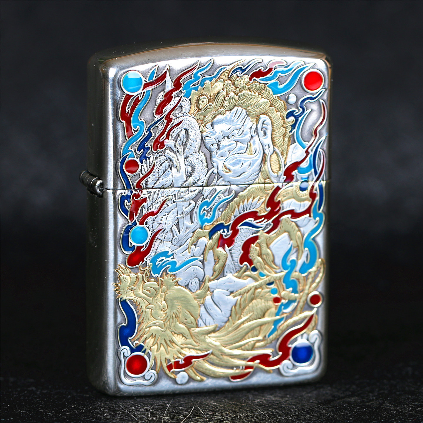 zippo芝宝煤油防风打火机镀银盔甲机蝎子雕刻不动明王 夜光珐琅彩