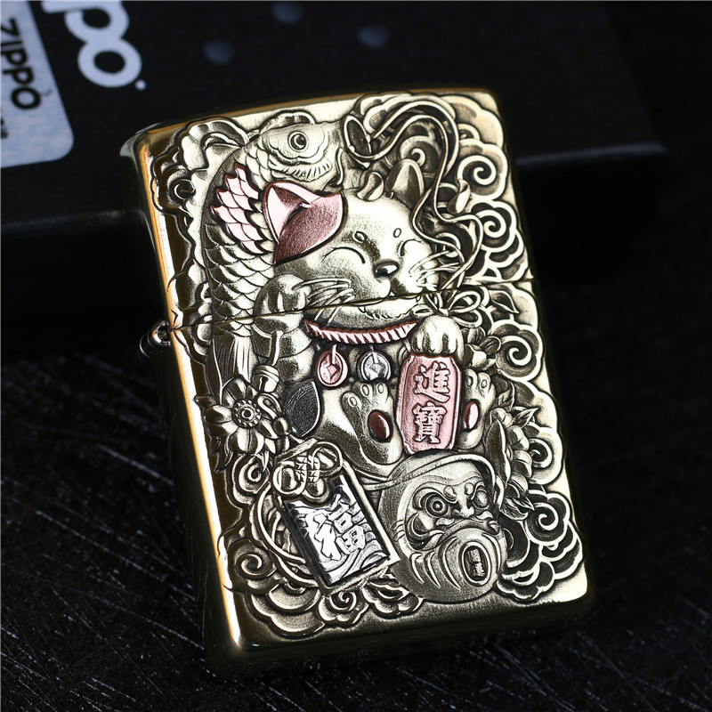 zippo芝宝煤油防风打火机黄铜双面雕刻盔甲机招财猫 男士礼物收藏