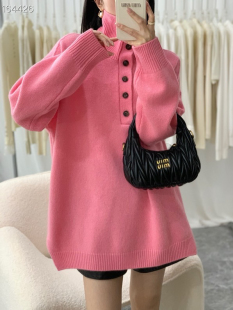 纽扣半高领套头加厚毛衣外套内搭宽松针织衫 上衣全羊毛慵懒风6808
