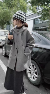 大口袋设计双面羊绒大衣女中长款连帽羊毛毛呢外套宽松大码