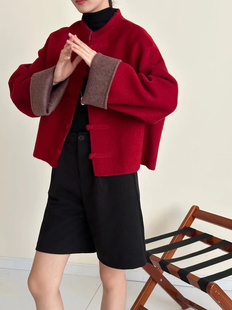 多财羊中式红色双面羊绒羊毛大衣短款女秋冬轻国风高端毛呢外套