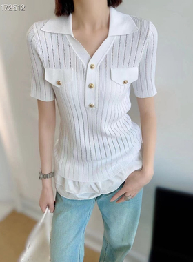 2025翻领针织衫女休闲上衣天丝T恤衫小香风领口袋短袖修身上71068