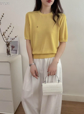 细羊毛88019笑脸刺绣短袖圆领背后三角形针织衫春装韩系上衣