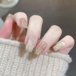 秋冬新款氛围感气质显白金光闪闪猫眼立体小花美甲成品手工穿戴甲